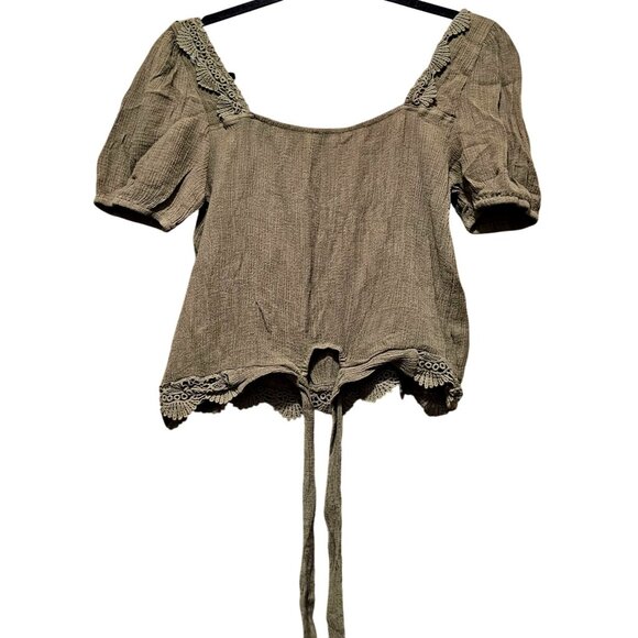Boho Lace Trim Olive Green Linen Blend Square Neck Blouse By Mine Size G - Picture 2 of 6